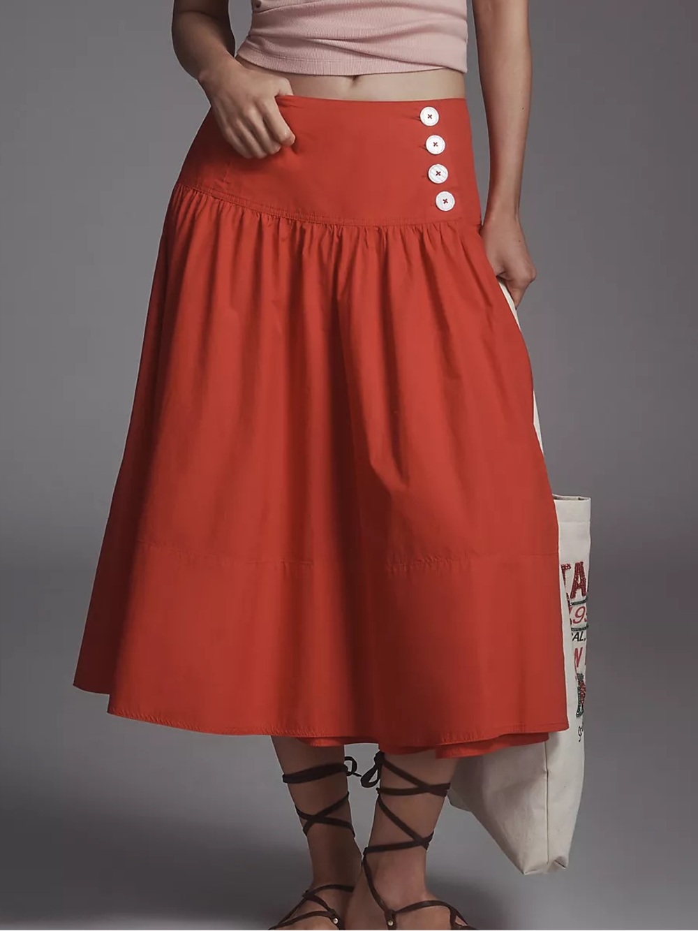 Anthropologie Maeve Red Cotton Drop Waist Wrap Midi Skirt Size 10 Retro Fall